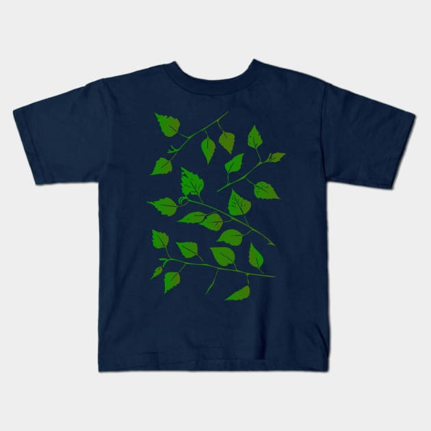 Birch Tree Leaf and Stem Forest Pattern (on navy) Kids T-Shirt by Davey's Designs